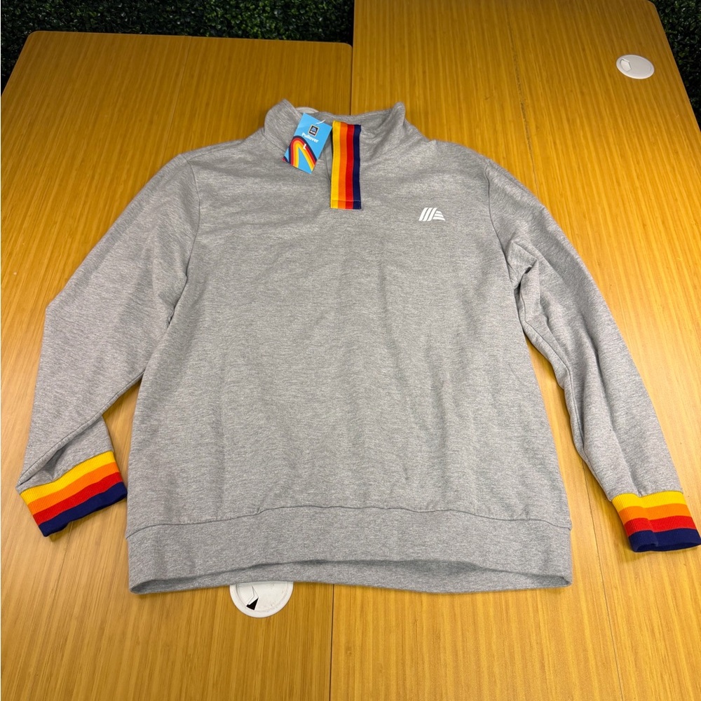 Aldi 1/4 Zip Gray Pullover Shirt LARGE Rainbow Trim Men Unisex Outdoor